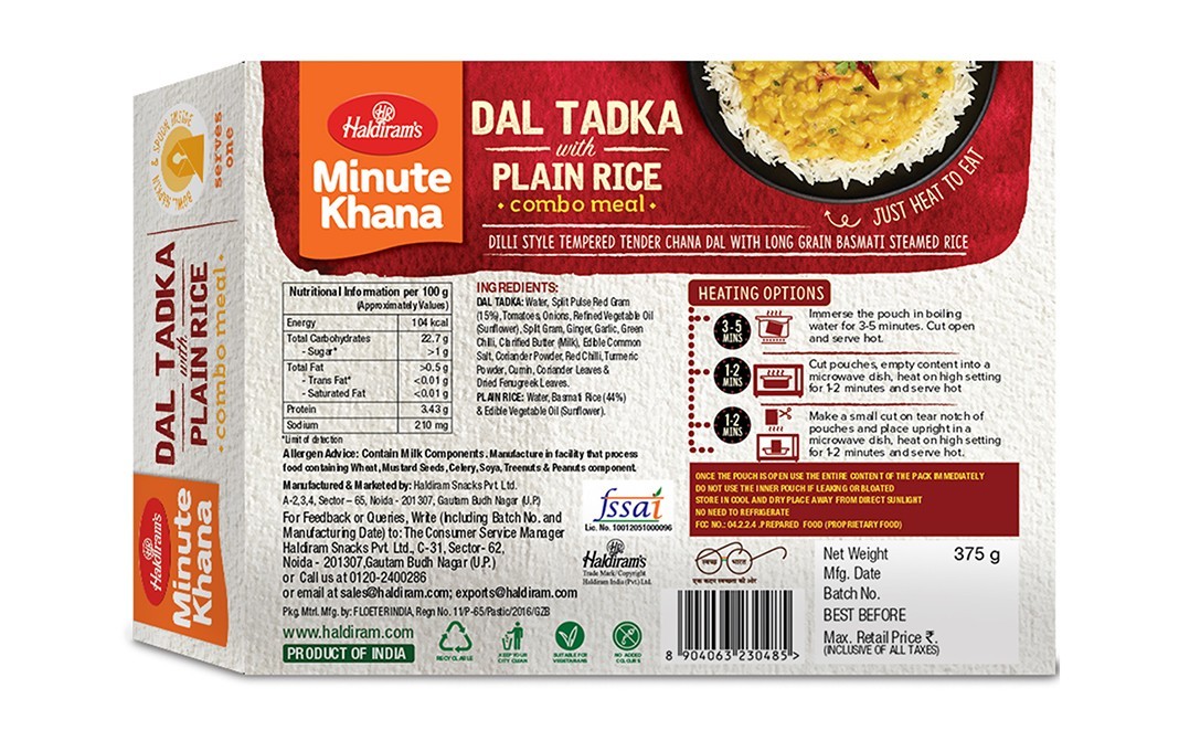 Haldiram's Minute Khana Dal Tadka With Plain Rice Combo Meal   Box  375 grams